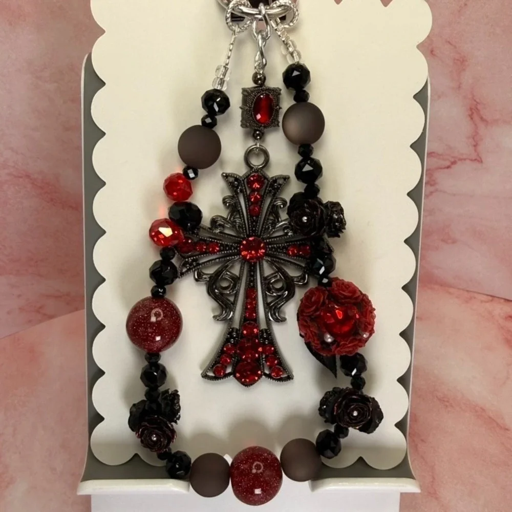 Cross Gunmetal Red Black Beaded Floral Phone Wristlet Crystal Bag Charm Keychain